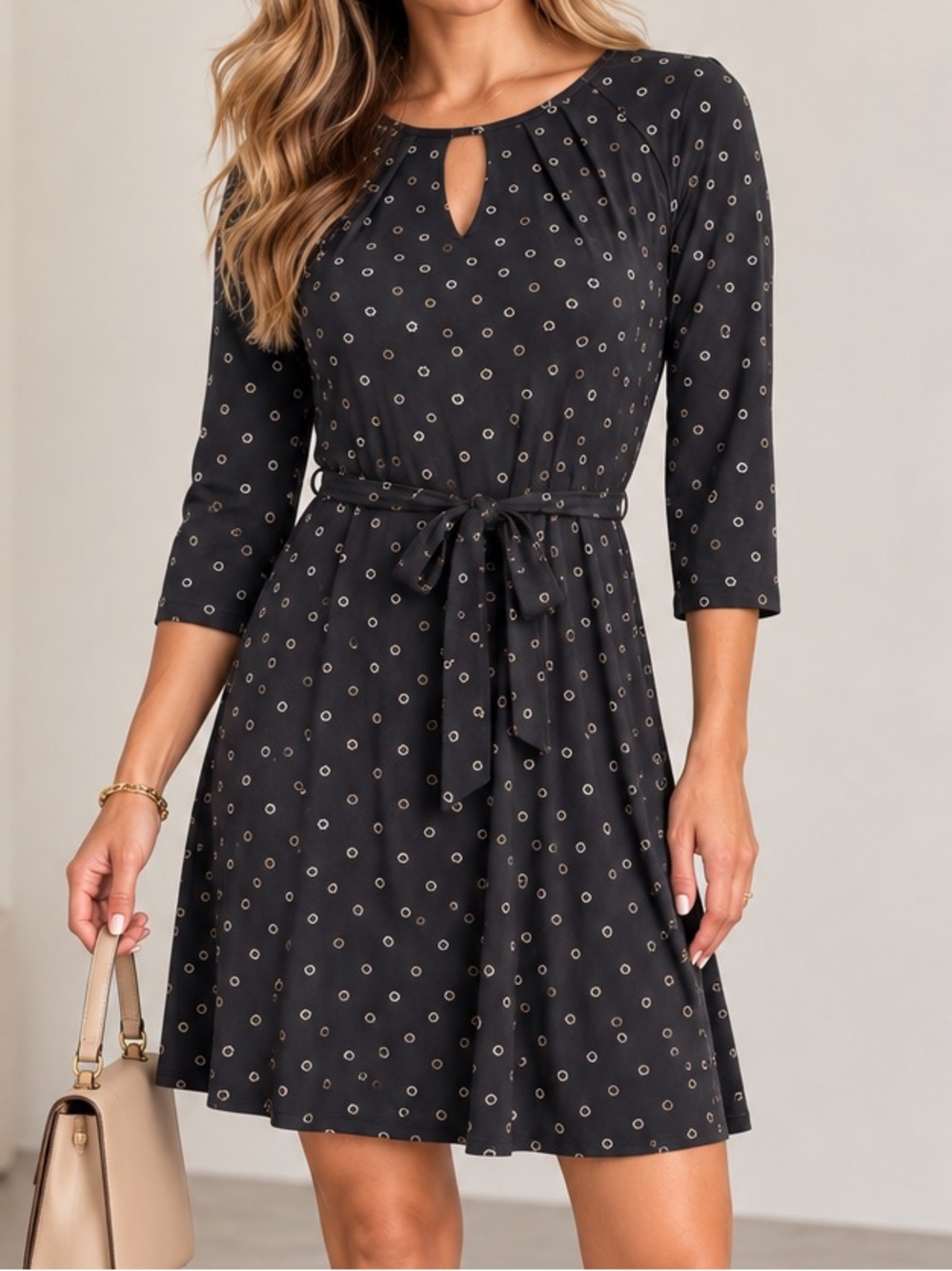 Ann Taylor Petite Black Dot Keyhole Fit Flare Dress Belted Size 6P